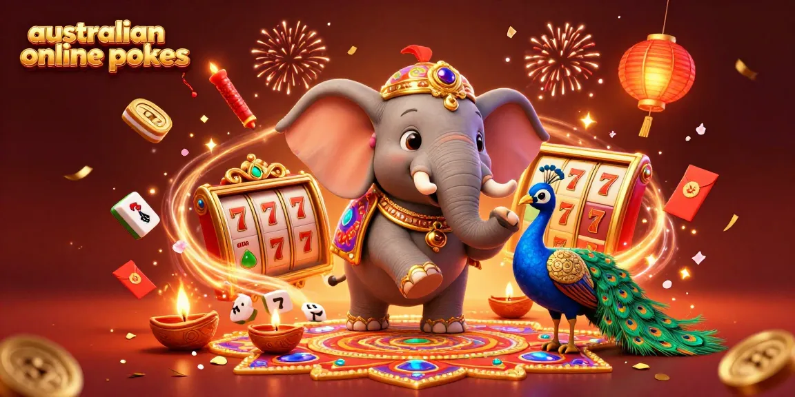 Experience the excitement of australian online pokies with vibrant slot reels and festive characters in a dazzling 3D scene.