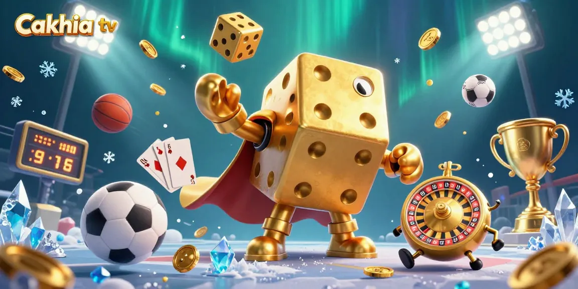 Cakhia tv showcases a dynamic gambling scene with golden dice and sports elements flying, capturing the thrill of sports betting.