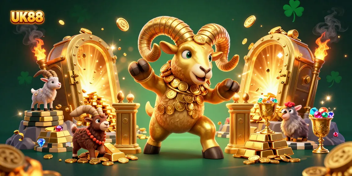 Engage with UK88's thrilling casino atmosphere featuring a golden ram charging towards treasure.