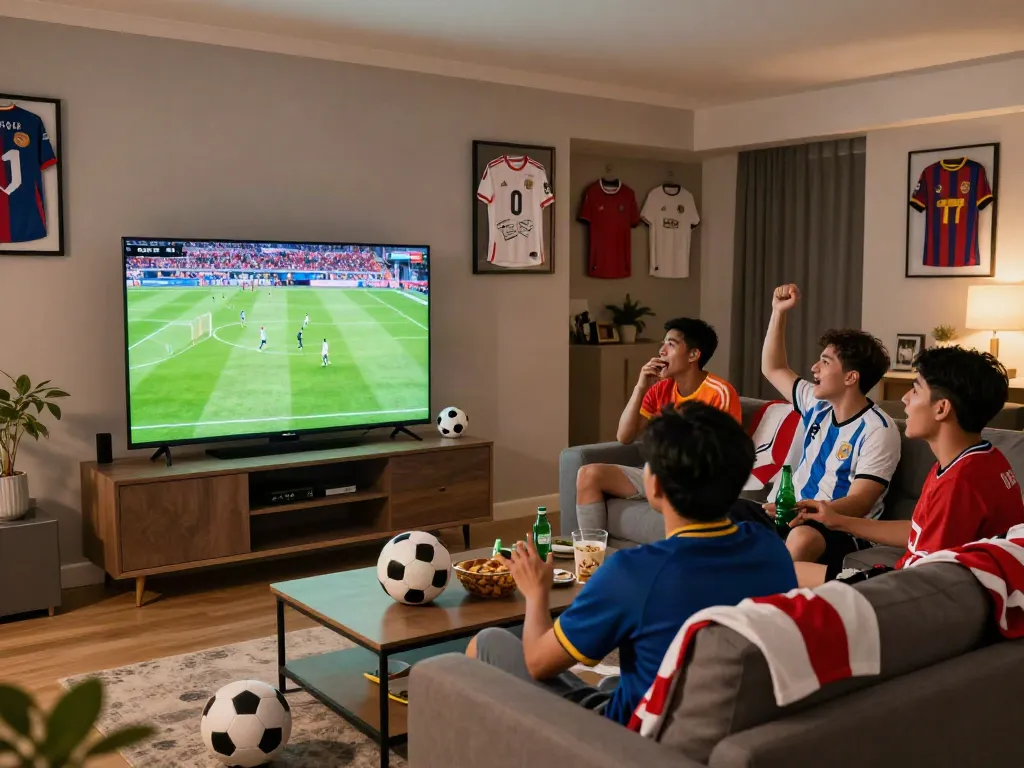 Football fans enjoying a match in their living room, socolivekz.uk broadcast on TV.