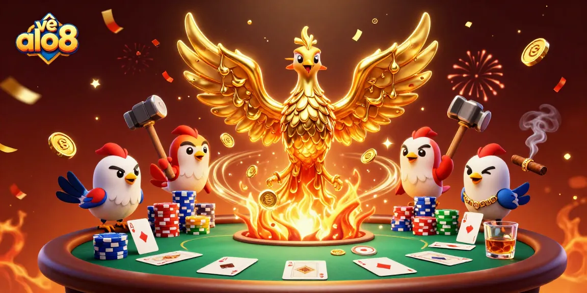 Experience the excitement of về alo8 with a dynamic casino scene featuring a molten phoenix and poker elements.