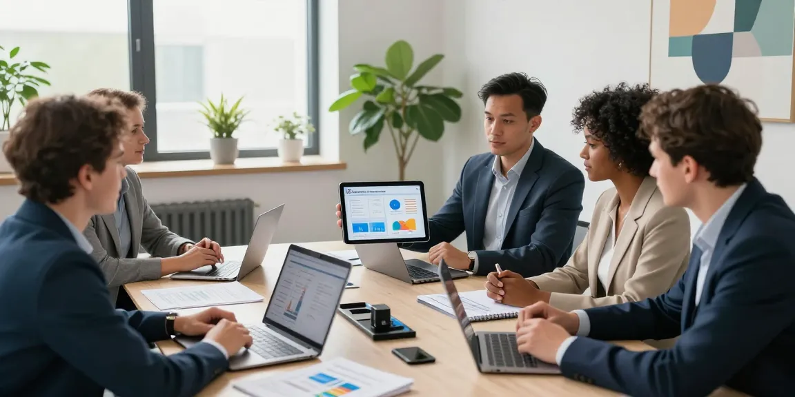 Team discussing business SIM only deals UK in a modern office environment with bright lighting.