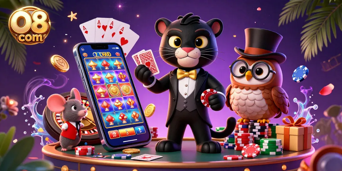 Engage in fun gameplay with O8 com featuring a panther dealer, owl, and lucky mouse at a vibrant casino scene.