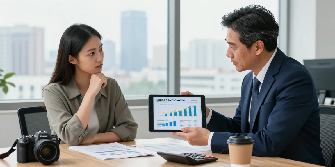 Consultant explaining merchant cash advance pros and cons to business owner in a financial office.