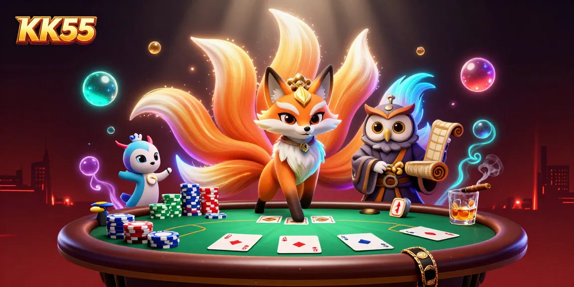 Engage with KK55's vibrant poker atmosphere featuring dynamic characters and colorful gaming elements.