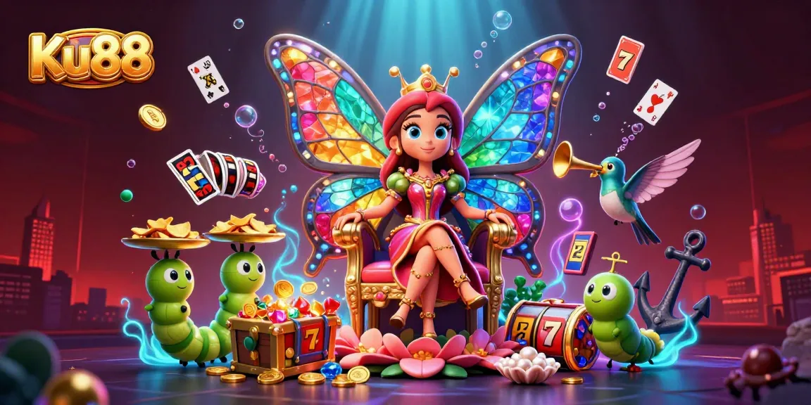 Engage with Ku88's vibrant casino illustration showcasing a butterfly queen amidst gaming treasures.