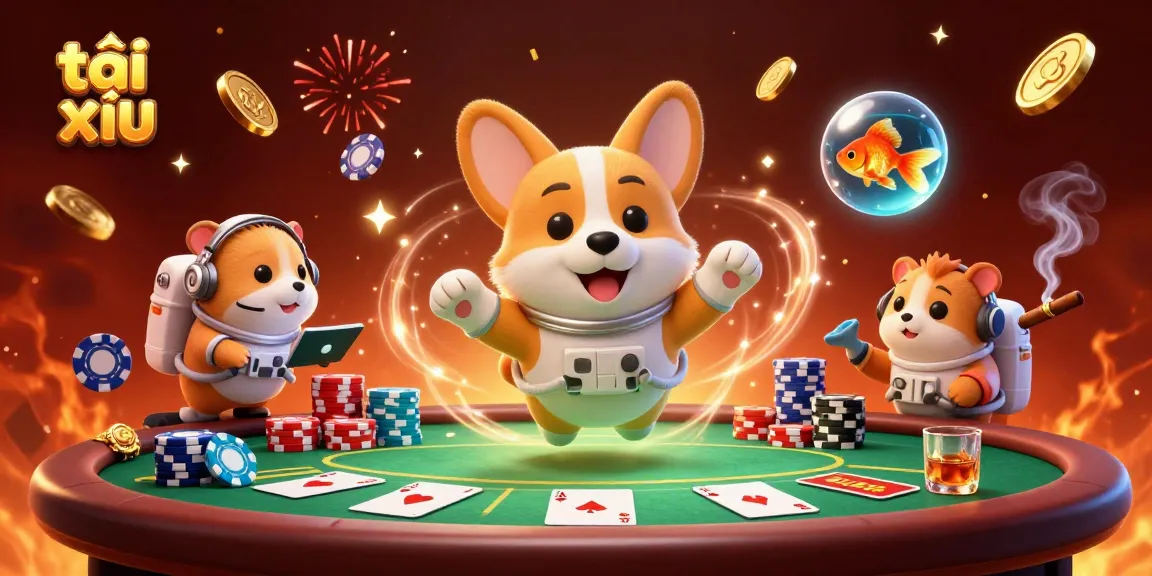 Experience thrilling tài xỉu gameplay with an engaging 3D casino scene featuring an astronaut corgi and vibrant elements.