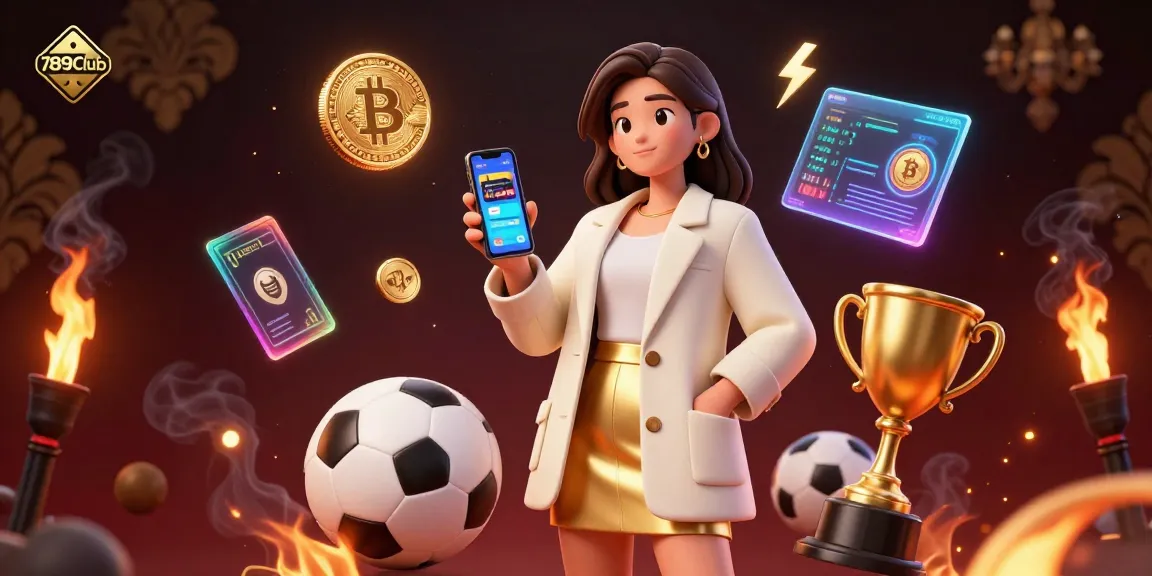 Bet on 789Club with a vibrant illustration of an Asian woman showcasing a sports betting app in a casino.