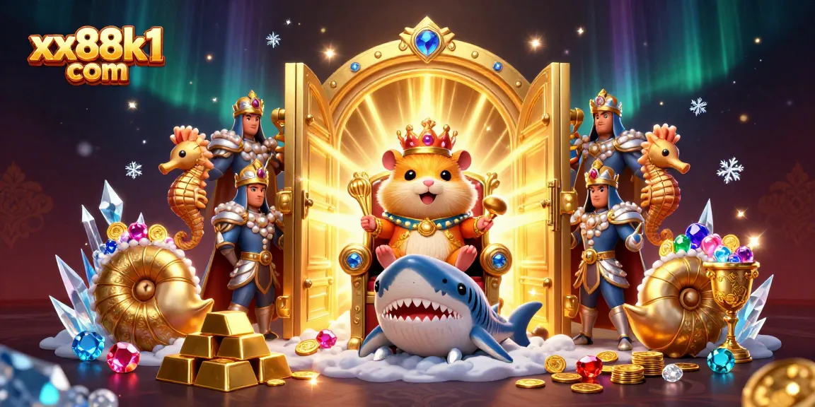Experience thrilling gameplay at xx88k1 com with a vibrant scene depicting a golden hamster king ruling over treasure.