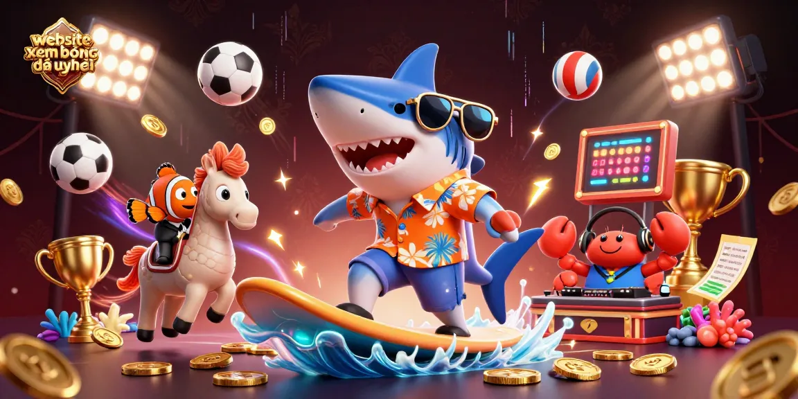 Engage with the website xem bóng đá uy tín through this vibrant 3D illustration of a shark surfing on gold coins amidst sports elements.