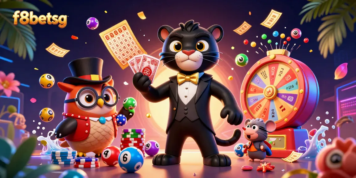 Join f8betsg at a vibrant casino scene with cartoon characters dealing cards, lottery balls, and exciting prizes!