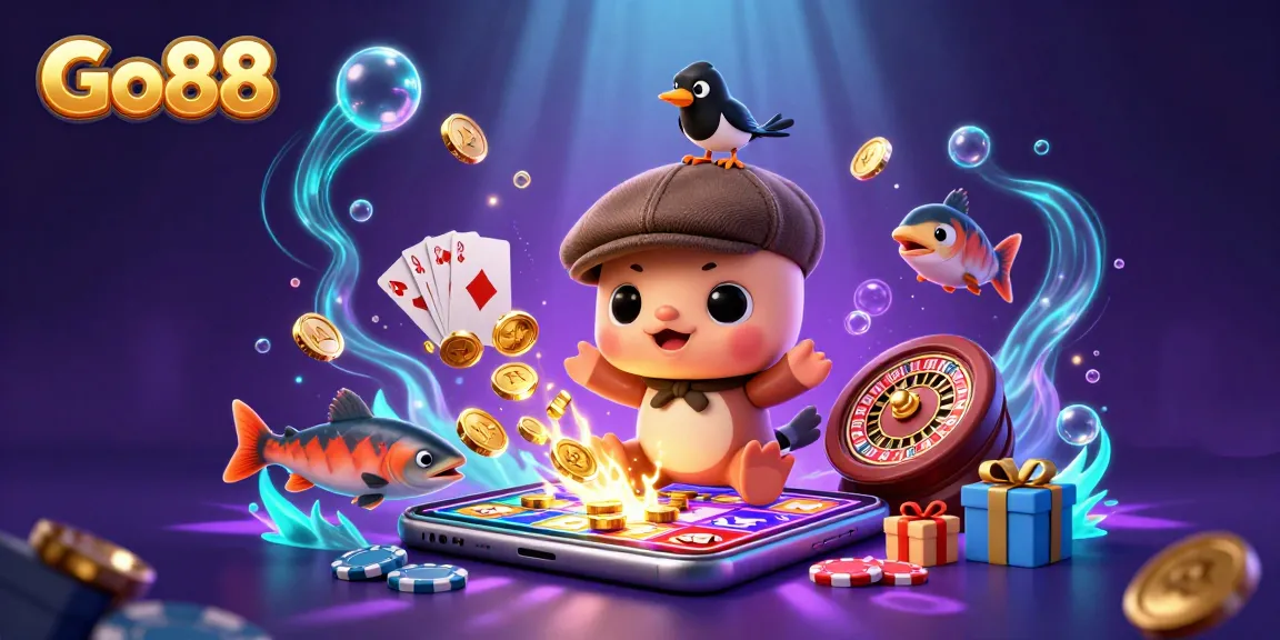 Go88 players enjoy vibrant gaming experiences with slot games, roulette, and playful characters in motion.