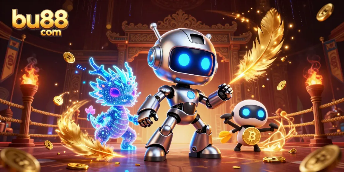 Spin the reels on bu88 com with a vibrant cyberpunk casino scene featuring a chrome robot and AI dragon.