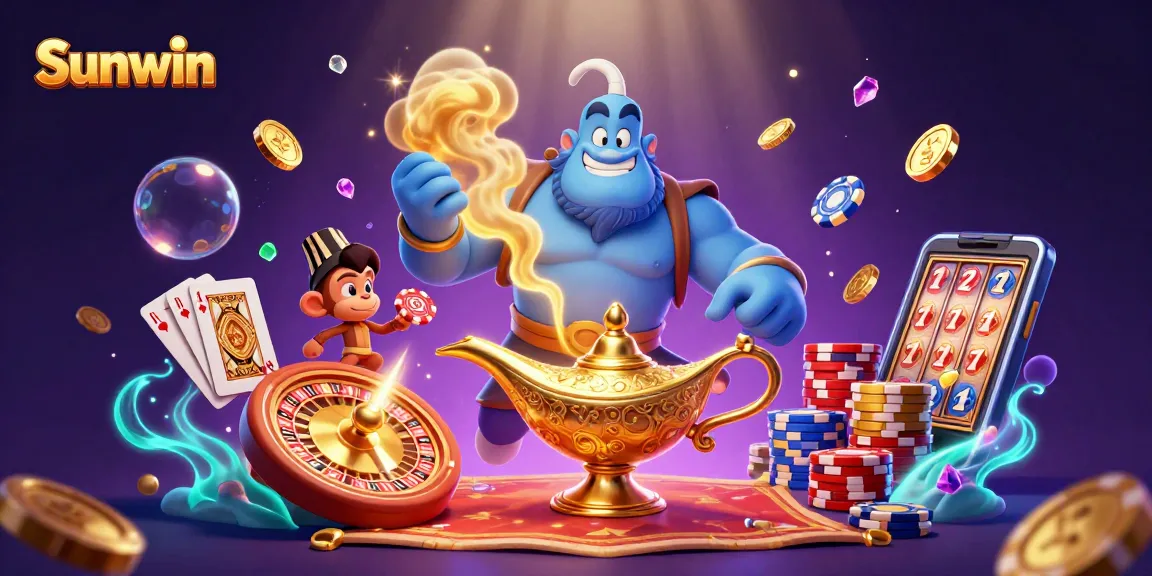 Experience excitement at Sunwin with golden coins, poker chips, and dynamic 3D characters.