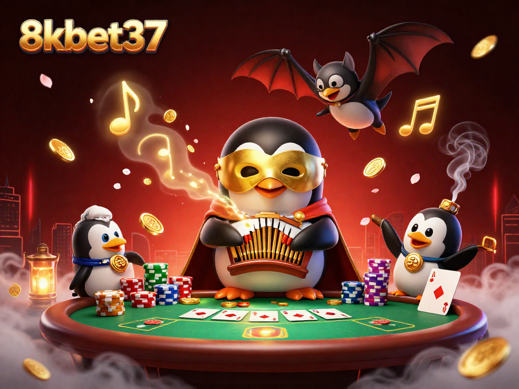 Engage with 8kbet37's thrilling casino adventure featuring a magical penguin and acrobat.