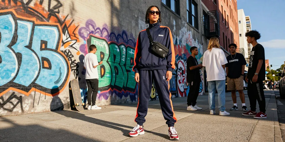 Trapstar Tuta indossata da un modello in un vivace contesto urbano con graffiti, mostrando stile e moda contemporanea.