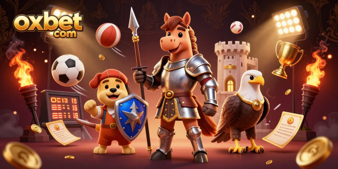 Engage with dynamic betting action at oxbet com featuring sports balls and a medieval knight scene.