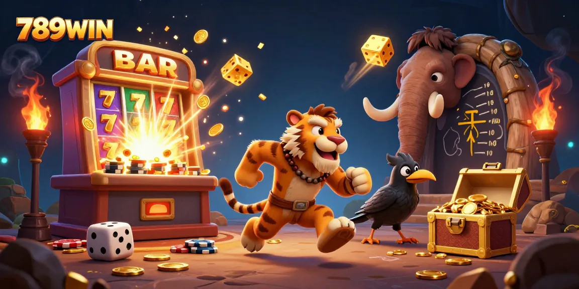 Experience the excitement of 789WIN in a vibrant prehistoric casino scene.