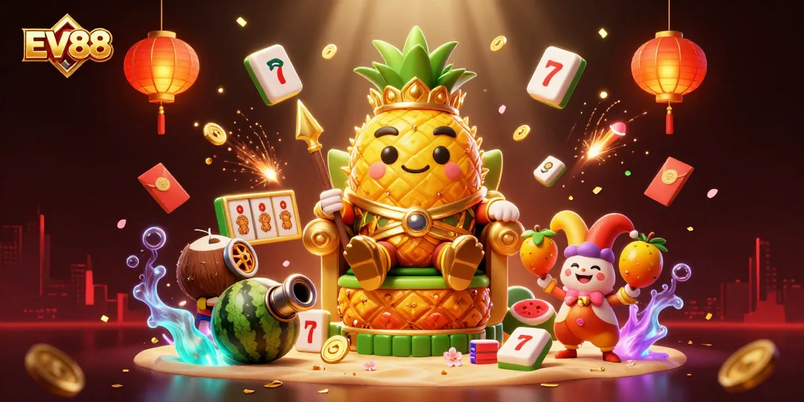 Engage in gaming thrills with EV88's vibrant illustration showcasing a playful casino adventure.