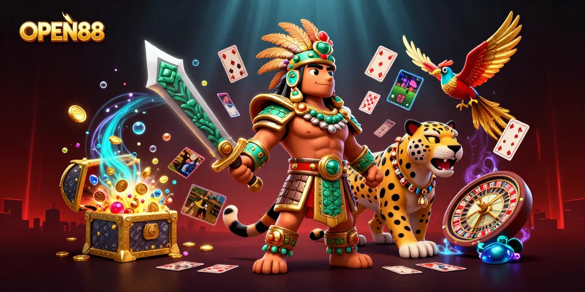Experience the action of OPEN88 with vibrant warriors amidst casino elements in a dynamic scene.