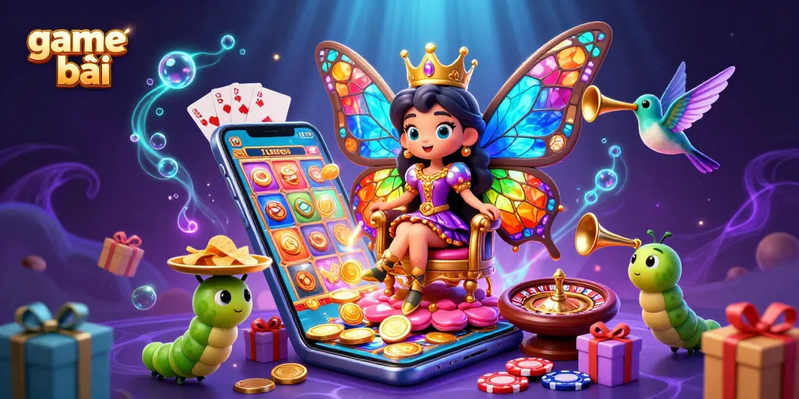 Enjoy thrilling game bài action in a vibrant 3D scene with a butterfly queen, slot games, and poker chips.