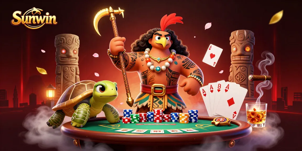 Sunwin delivers thrilling poker action with a demigod and turtle sidekick in a vibrant casino scene.