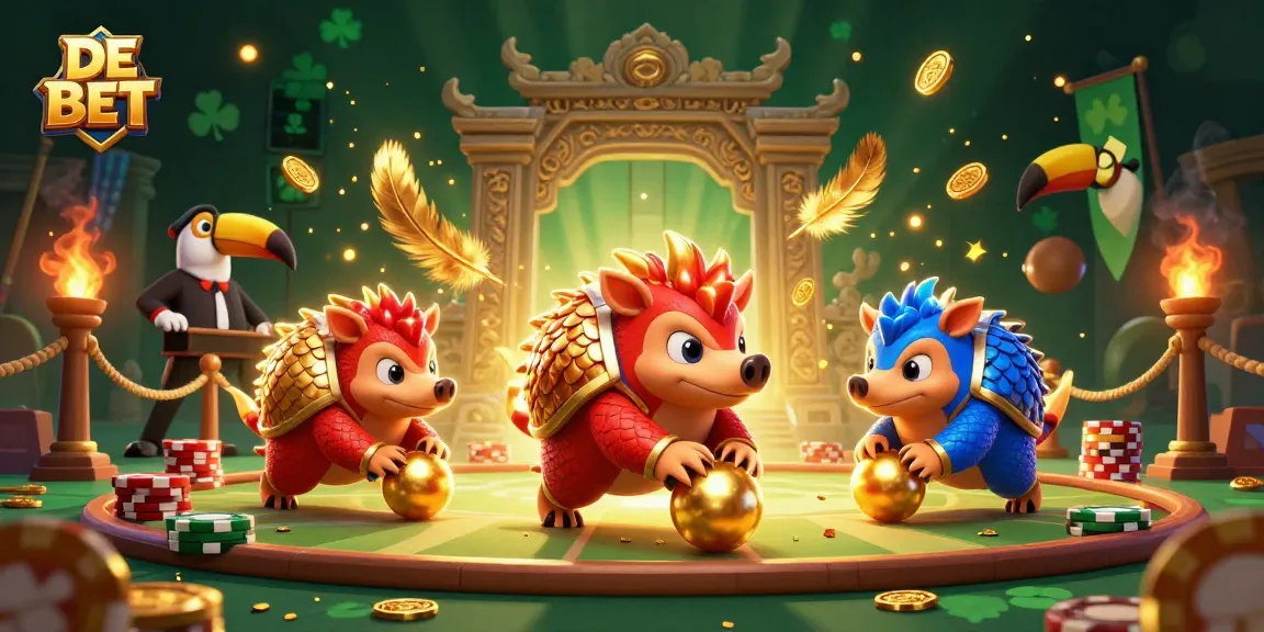 Experience the thrilling DE BET action with pangolins rolling through poker chips in a vibrant casino scene.