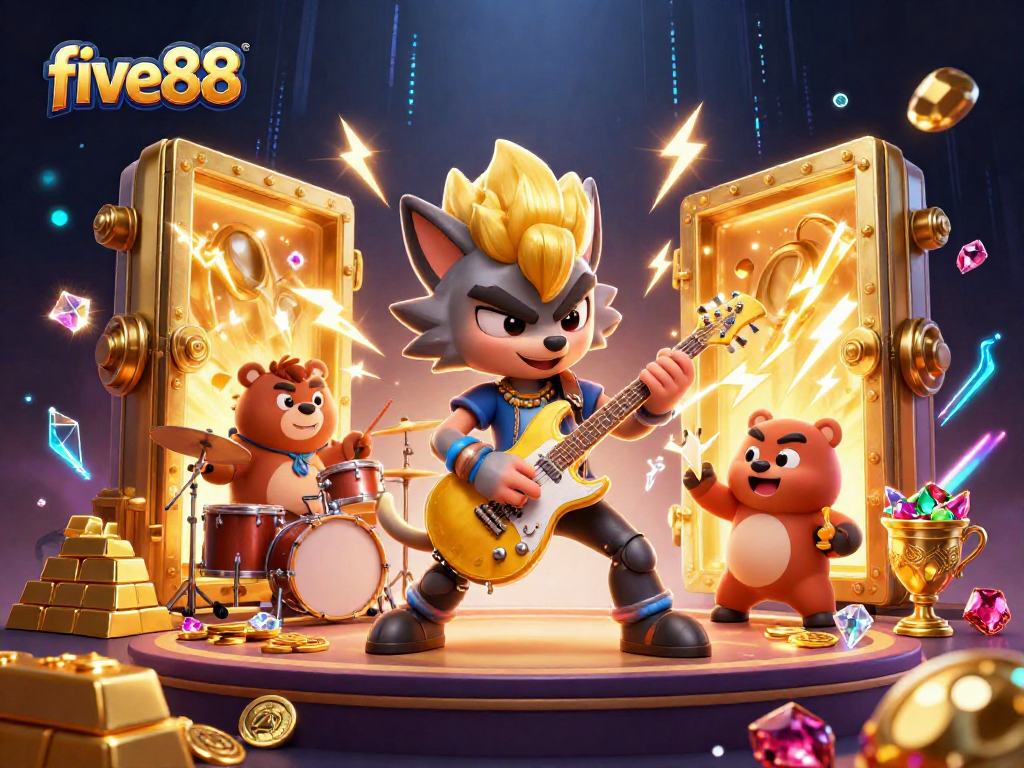 Experience the vibrant excitement of five88 with a lively casino scene featuring rock star elements.