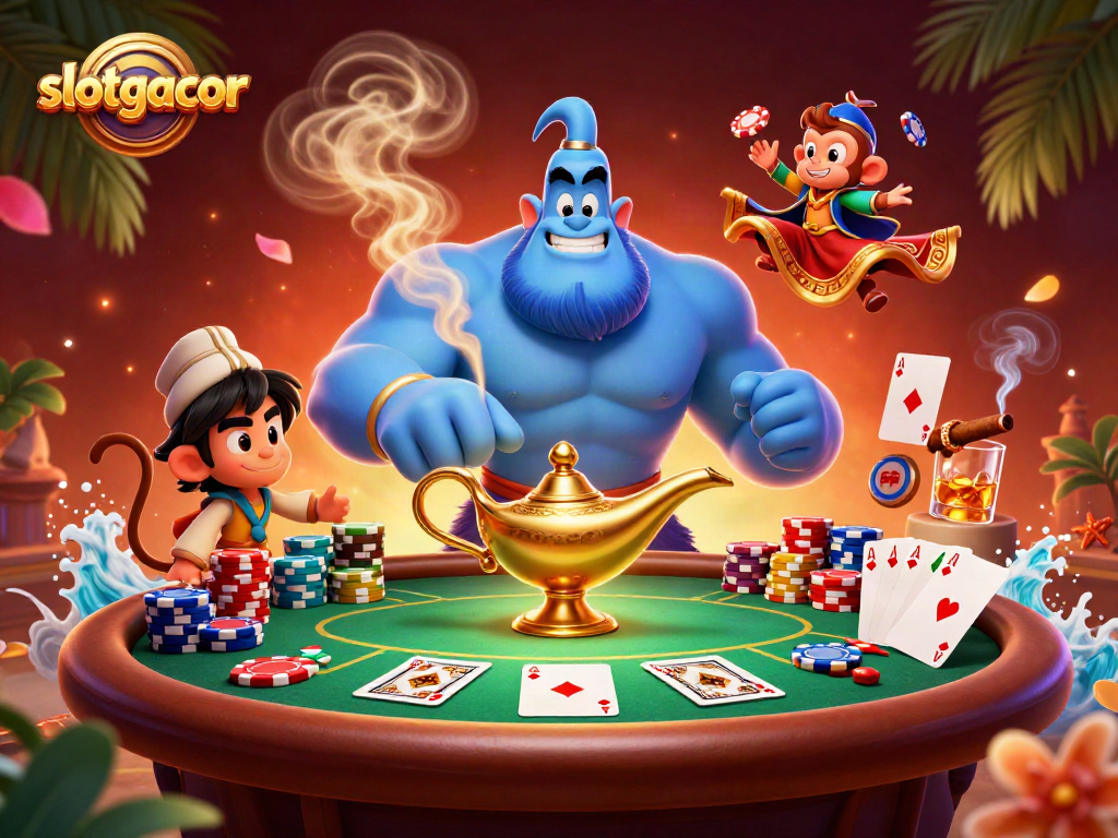Experience the enchanting slotgacor magic with a genie, poker chips, and a vibrant casino scene.