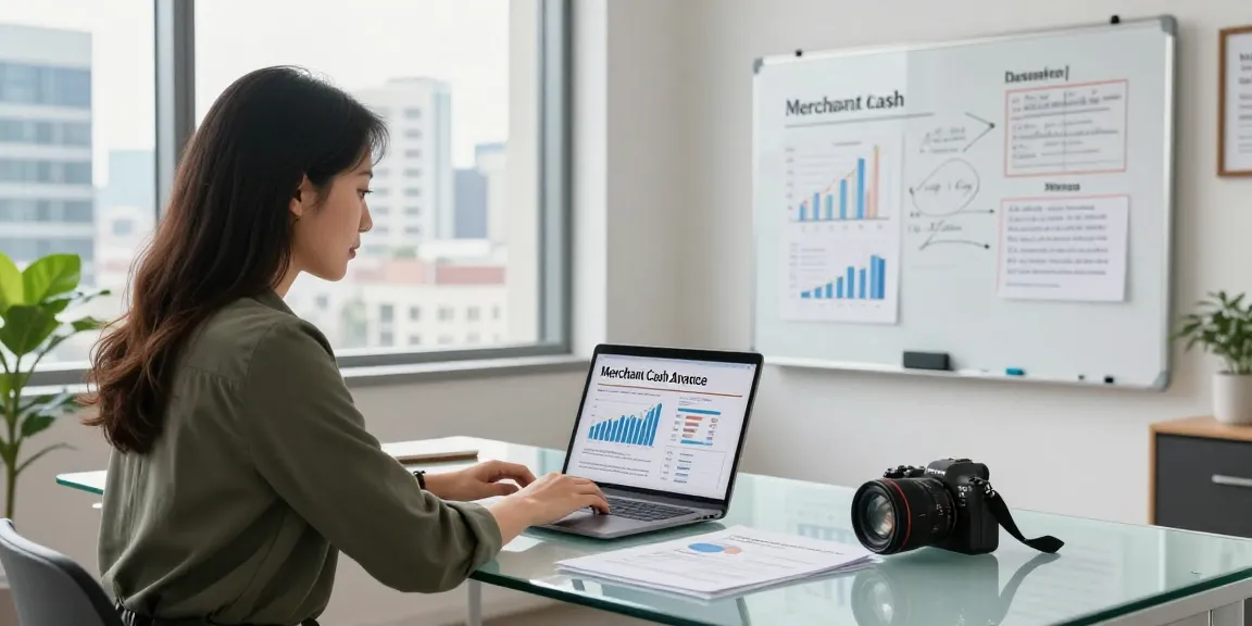 Consulting scene for merchant cash advance UK in modern office with financial advisor reviewing proposals