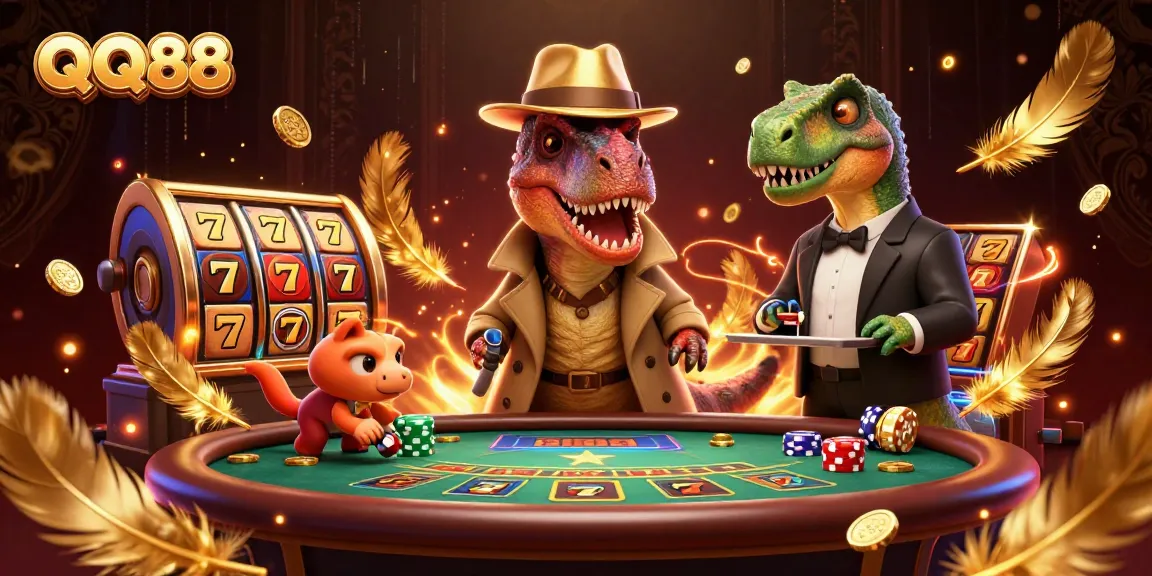 Engage with QQ88 casino excitement featuring a velociraptor card counter amidst a bustling blackjack scene.