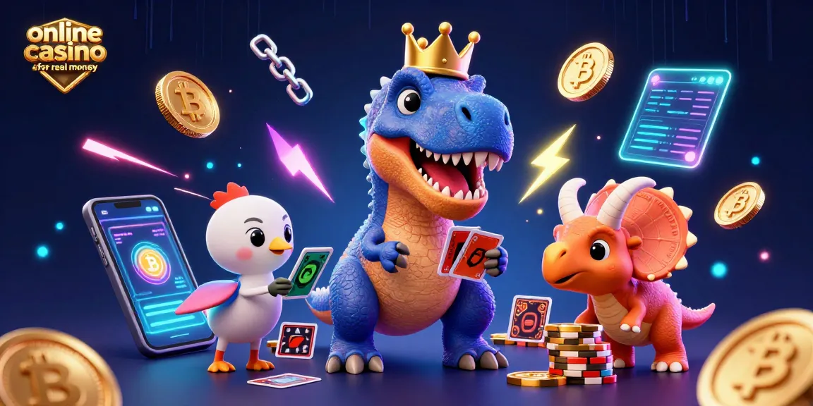 Experience the excitement of an online casino for real money with a playful T-Rex and friends in a vibrant illustrative scene.