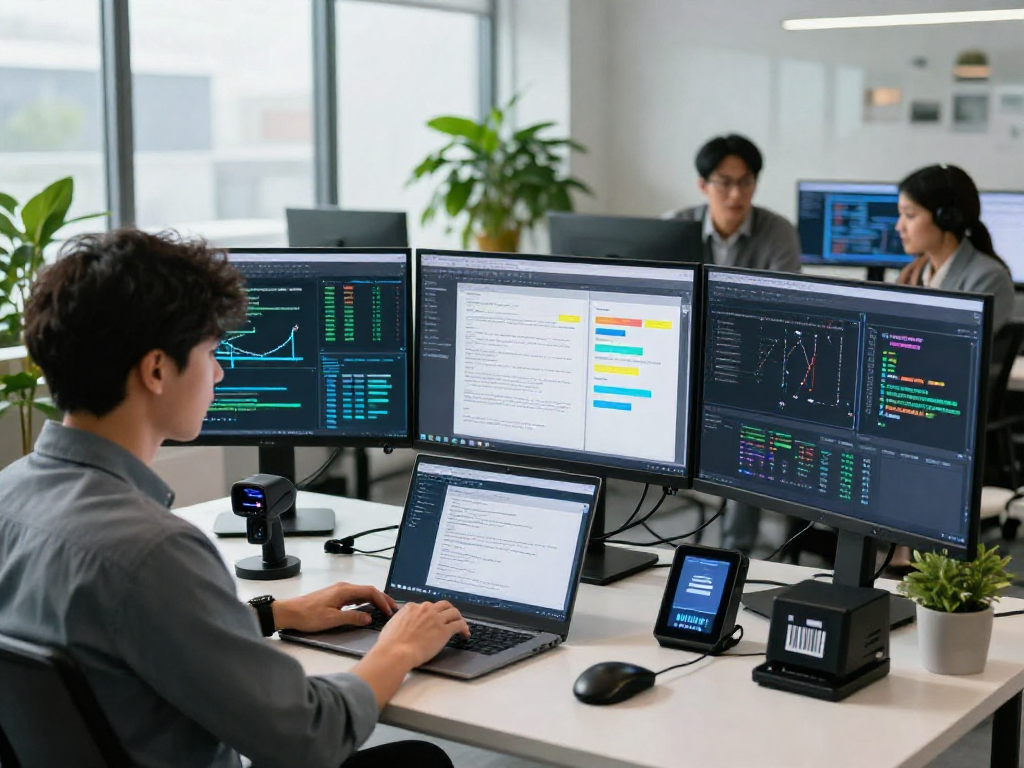 Advanced document fraud detection in a modern office setting, showcasing digital analysis and cybersecurity tools.