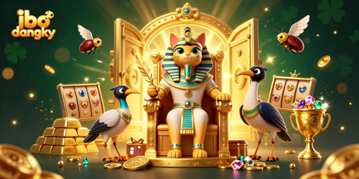 Engage with exciting slot games at JBO dangky as a pharaoh cat oversees golden treasures and riches.