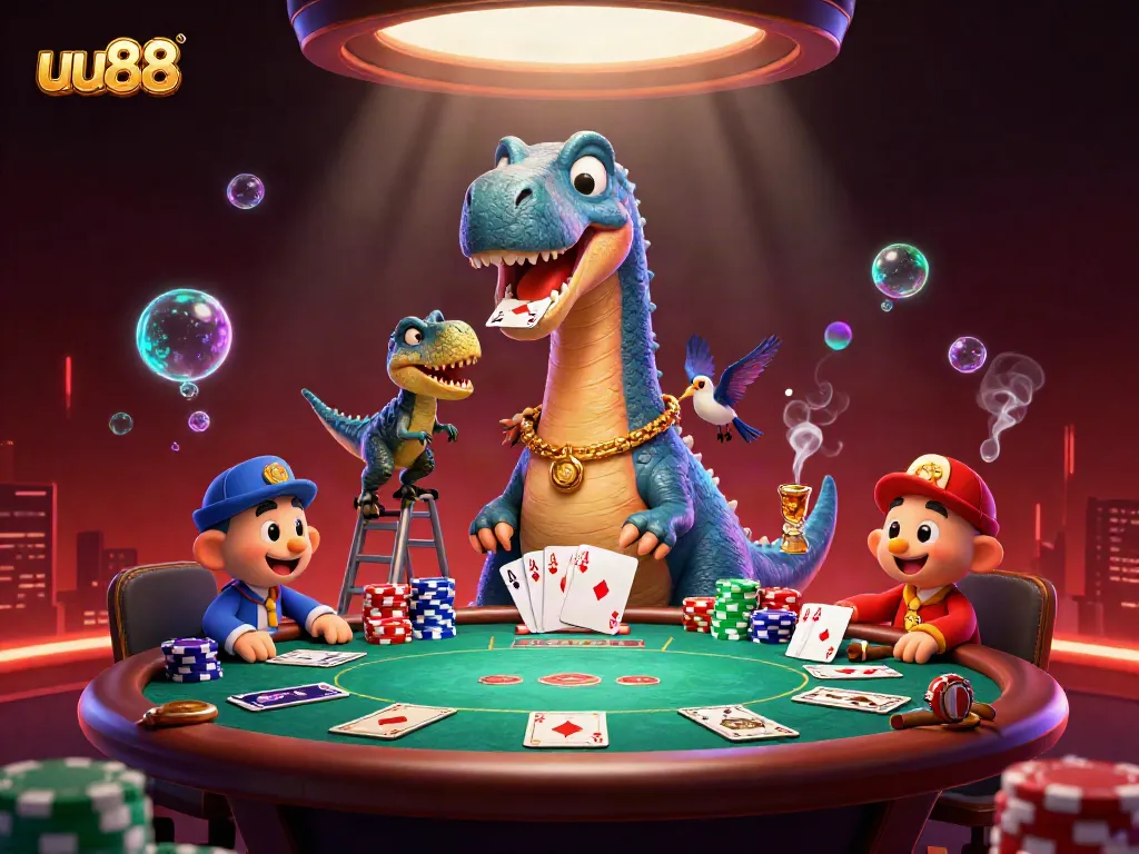 uu88 engages with a giant brontosaurus at a vibrant poker scene filled with game elements.