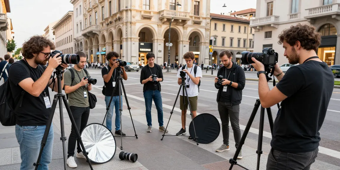 Corsi di Fotografia a Milano, studenti che apprendono tecniche fotografiche nelle strade urbane durante una lezione interattiva.