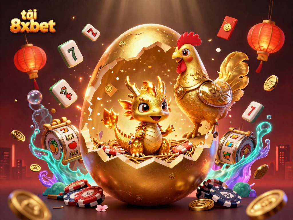 Tải 8xbet with a baby dragon and poker chips, colorful slots elements creating a dynamic casino environment.