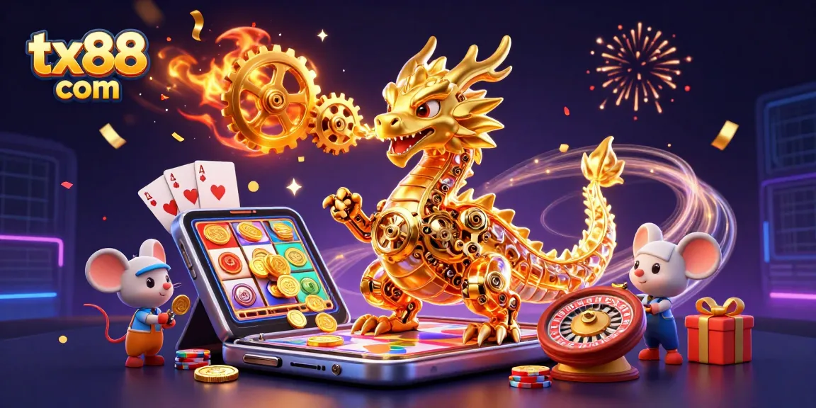 Engage with the thrilling world of tx88 com as a golden dragon spews gears amidst a colorful casino ambiance.