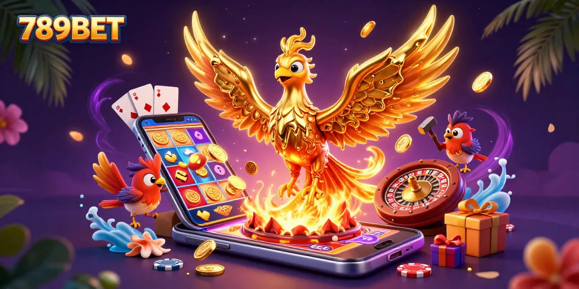 Experience excitement with 789BET: A golden phoenix and vibrant casino elements in a rich 3D scene.
