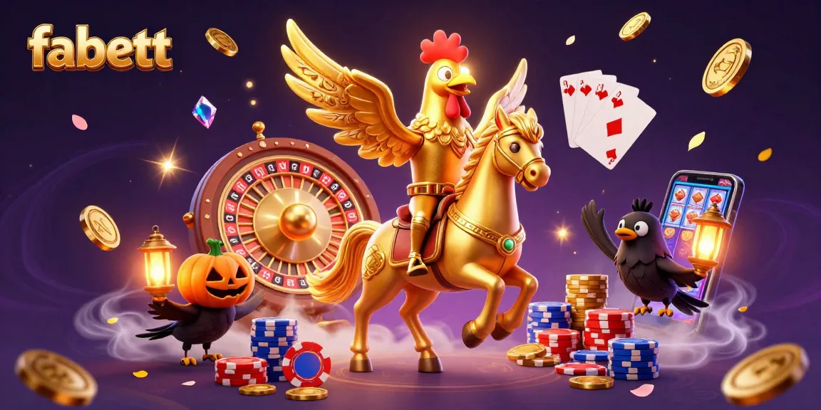 Spin the reels with fabett in a vivid casino scene featuring a golden rooster and pumpkin-headed crows.
