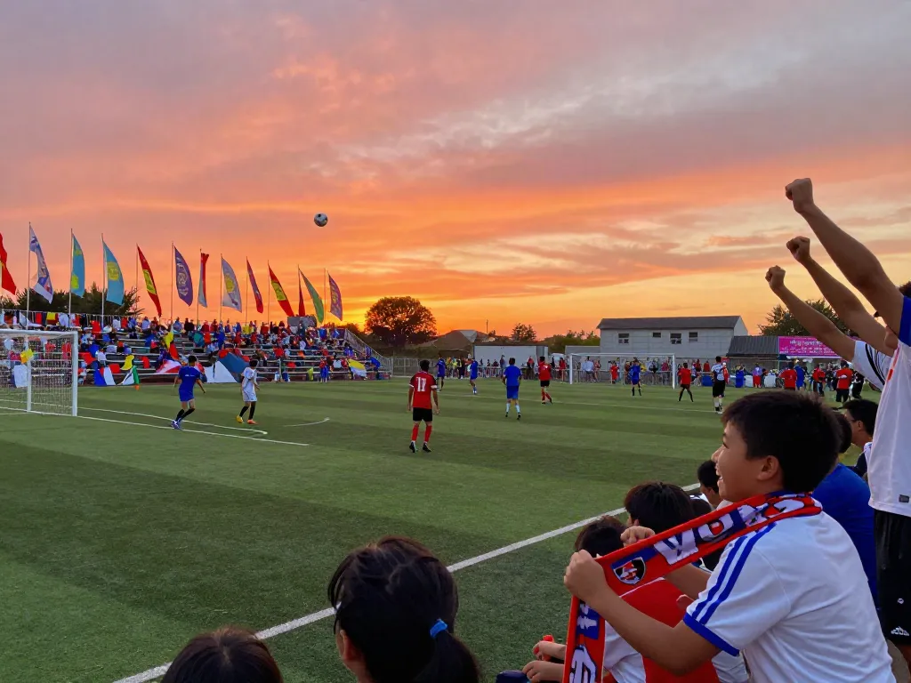 Excited fans cheering at a sunset soccer match representing gà vàngtv's vibrant sports community.