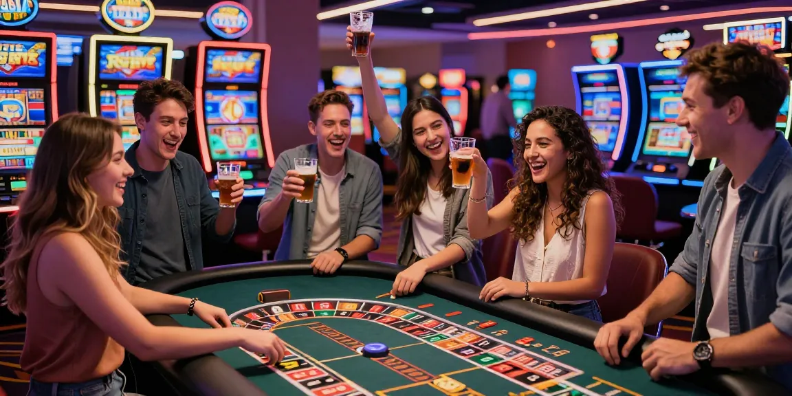 Lista di casinò online non AAMS con amici che celebrano una vittoria alla roulette in un vivace ambiente di casinò.