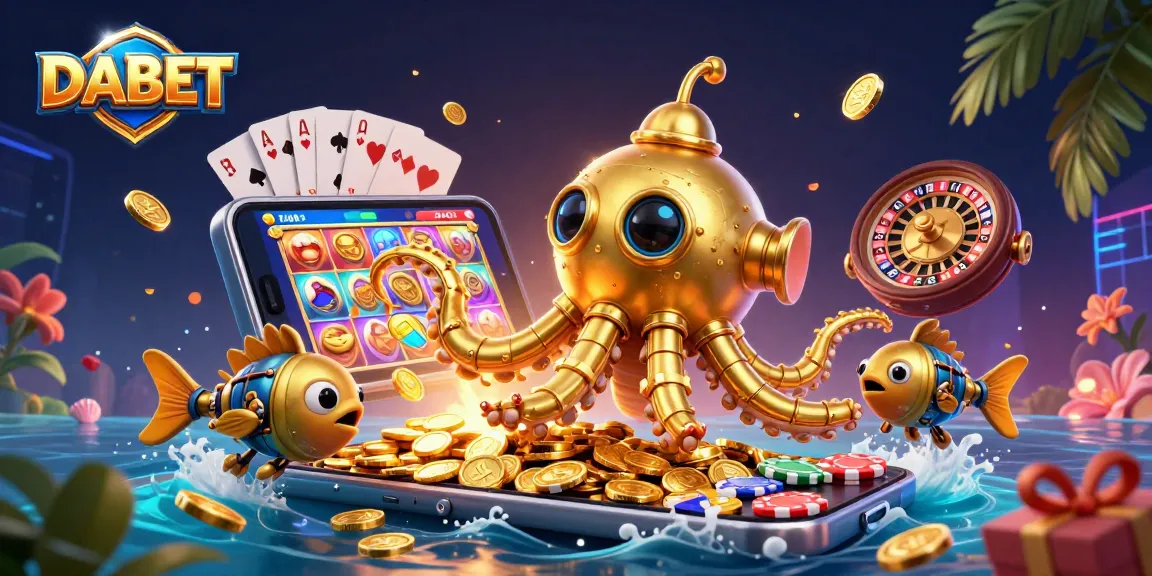 DABET promotes exciting casino action with a gold kraken submarine and colorful slot games amidst a vibrant sea of riches.