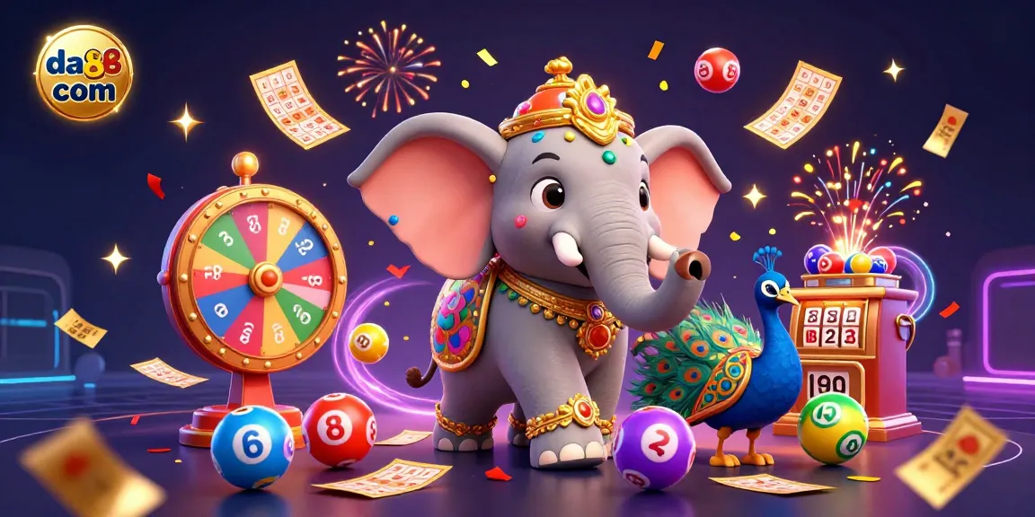 Engage in thrilling lottery excitement with da88 com in a vibrant 3D scene filled with dynamic elements.