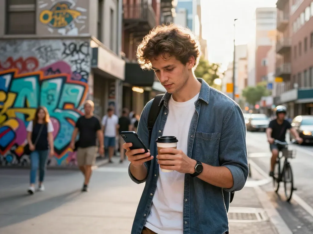 Young man engaging with rokok88 on smartphone, urban street scene with vibrant graffiti.