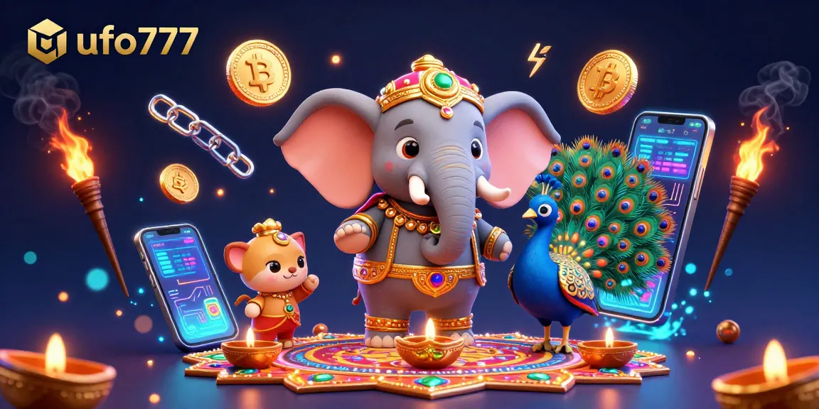 Play exciting games at ufo777 with a vibrant 3D scene depicting gambling elements.