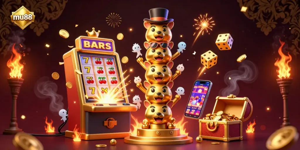 Experience the thrill of mu88 with vibrant slots and golden treasures in a dynamic casino illustration.