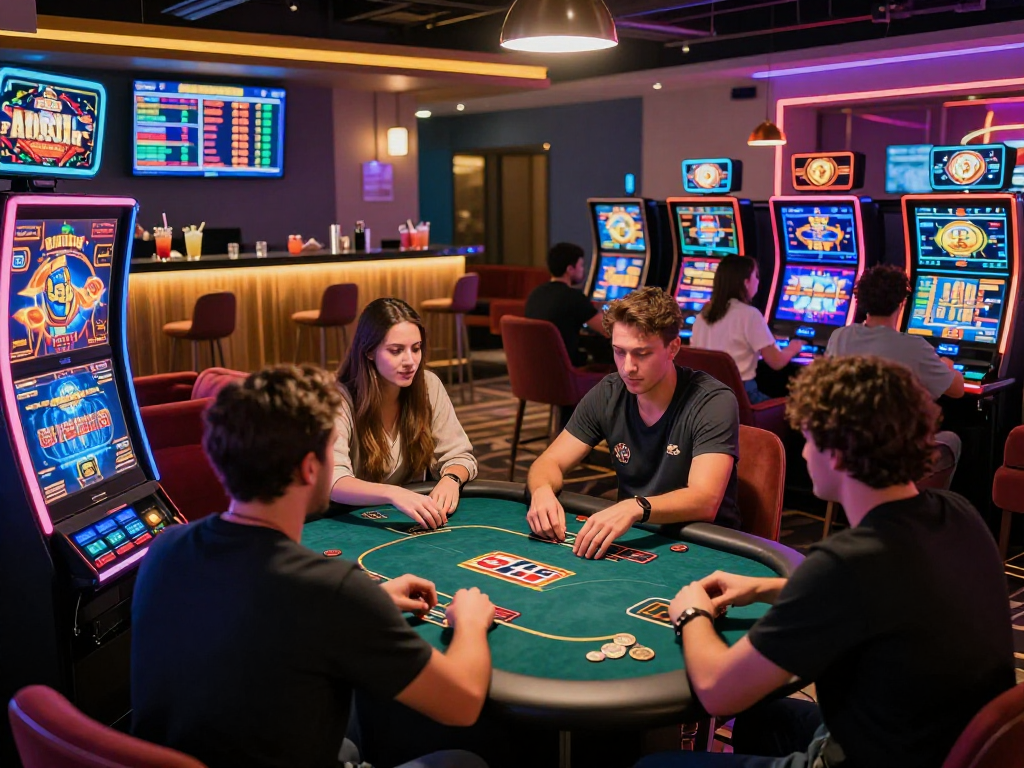 Crypto casino scene with players engaging in digital games amid vibrant lights and excitement.