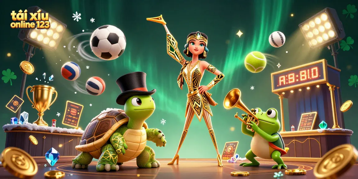 Join the excitement with tài xỉu online 123 as dynamic sports elements and vibrant characters come alive in this 3D digital illustration.