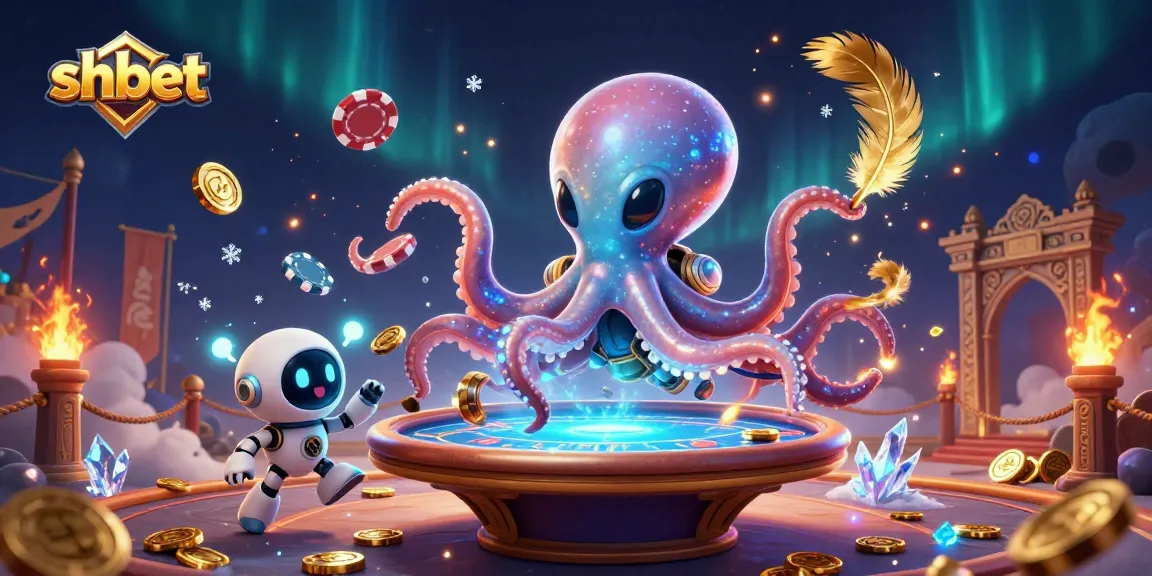 Engage with shbet's vibrant poker scene featuring an alien octopus and robot with floating betting tokens.